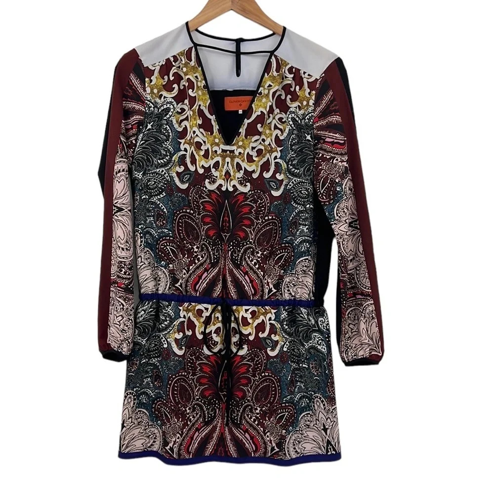 Clover Canyon Dress Womens‎ XS Red Blue Printed Bubble Sleeve Mini V Neck